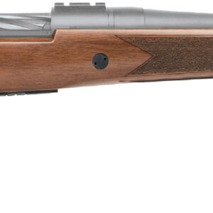Bolt-action rifle with wooden stock on white background