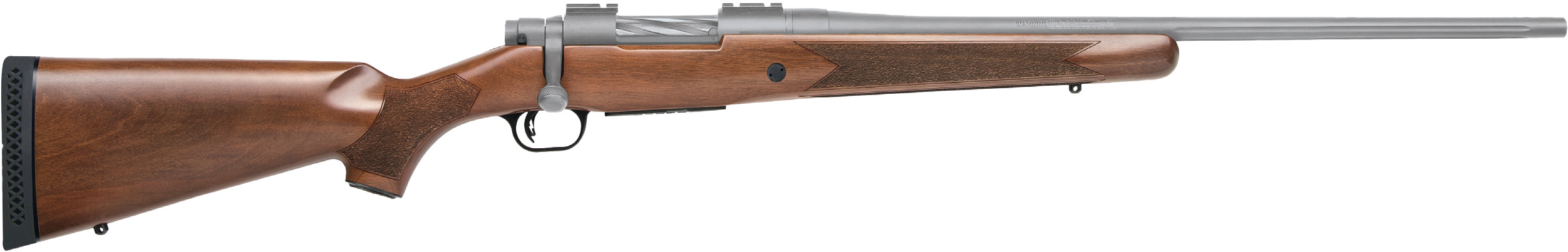 Bolt-action rifle with wooden stock on white background