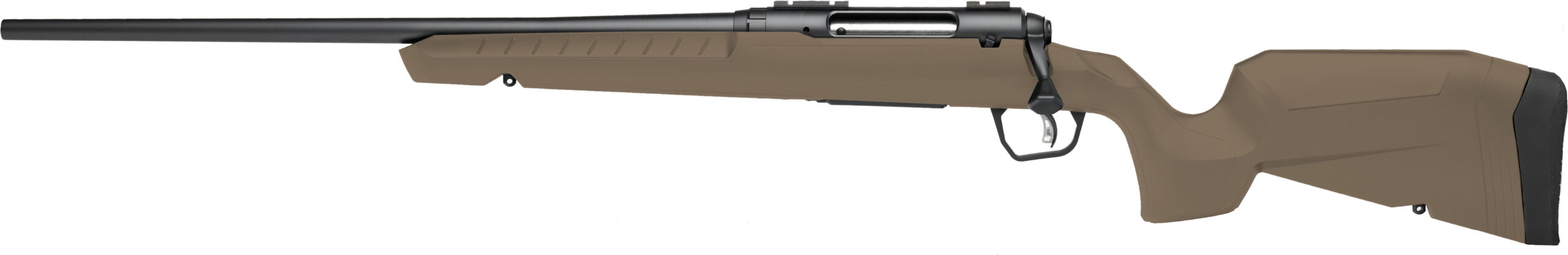 Bolt-action rifle with tan synthetic stock