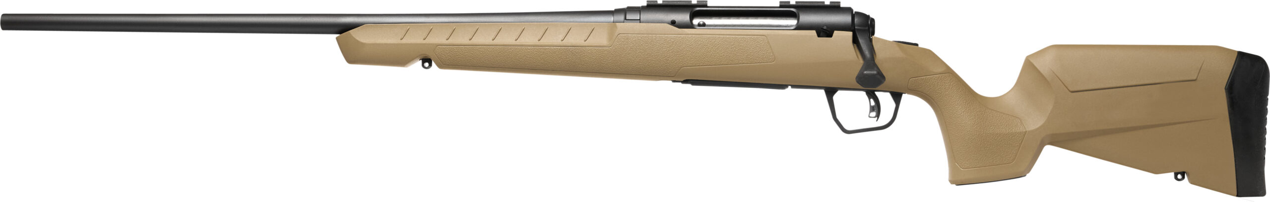 Bolt-action rifle with tan synthetic stock