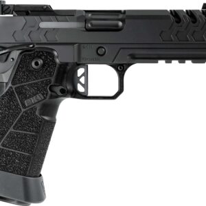 Black semi-automatic pistol on white background
