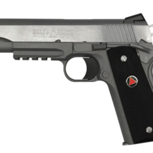 Silver and black semi-automatic pistol on white background