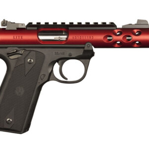 Red and black semi-automatic pistol on white background