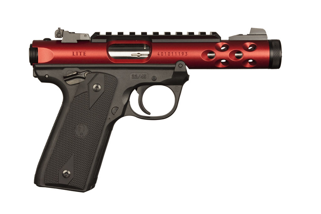 Red and black semi-automatic pistol on white background