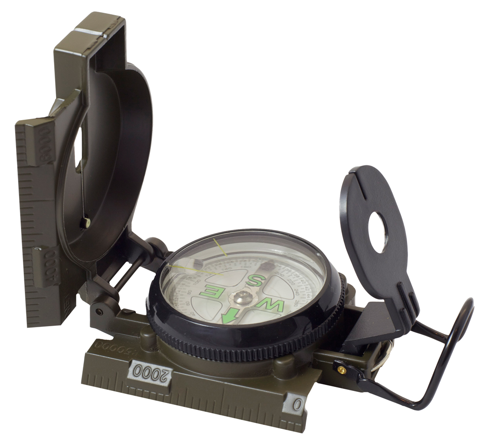 Open military lensatic compass on white background