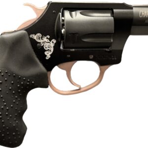 Close-up of black revolver handgun with textured grip