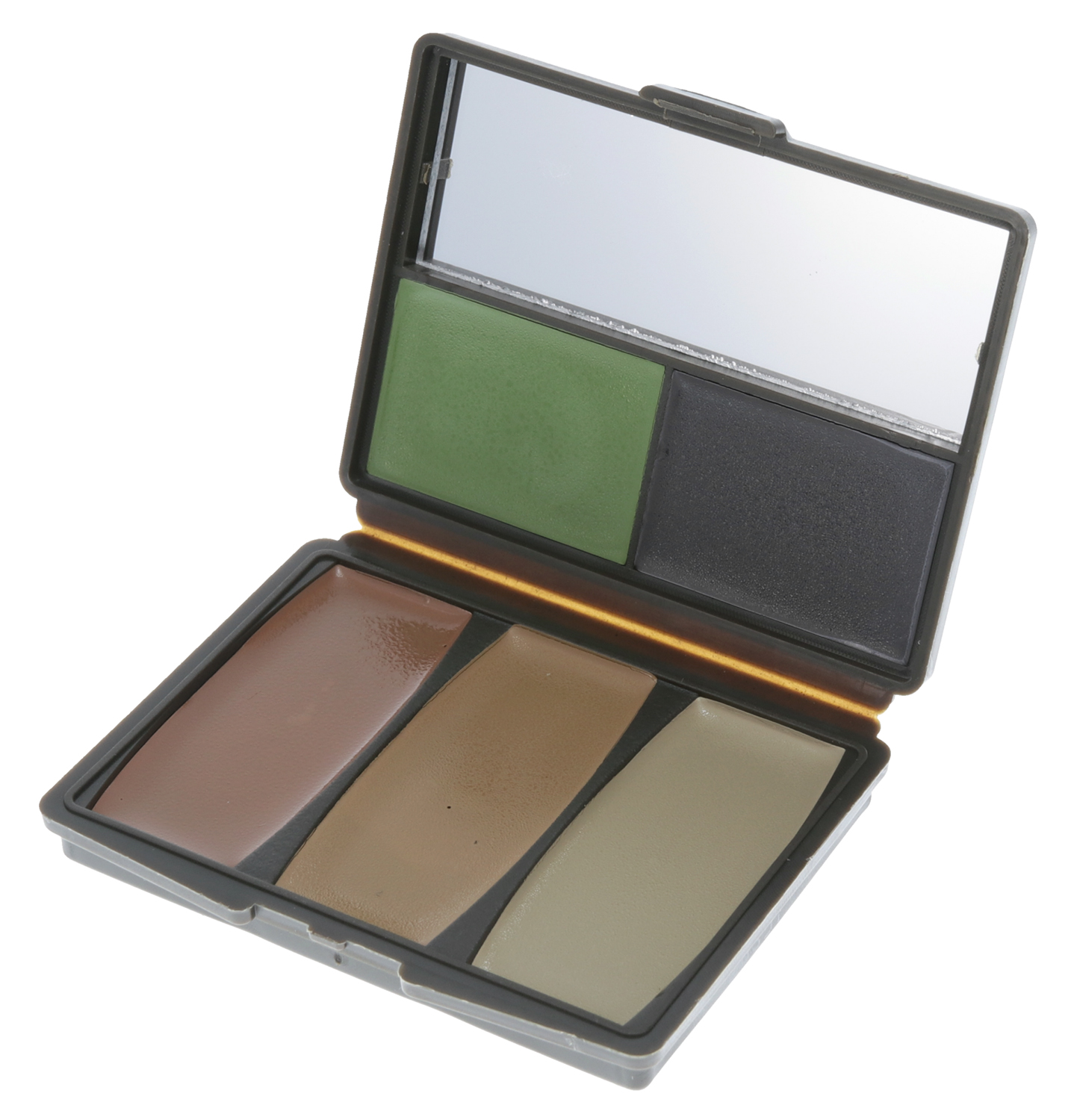 Open makeup palette with mirror and concealer shades
