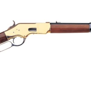 Lever-action rifle with wooden stock and brass receiver