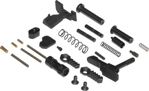 Disassembled firearm components and springs on white background