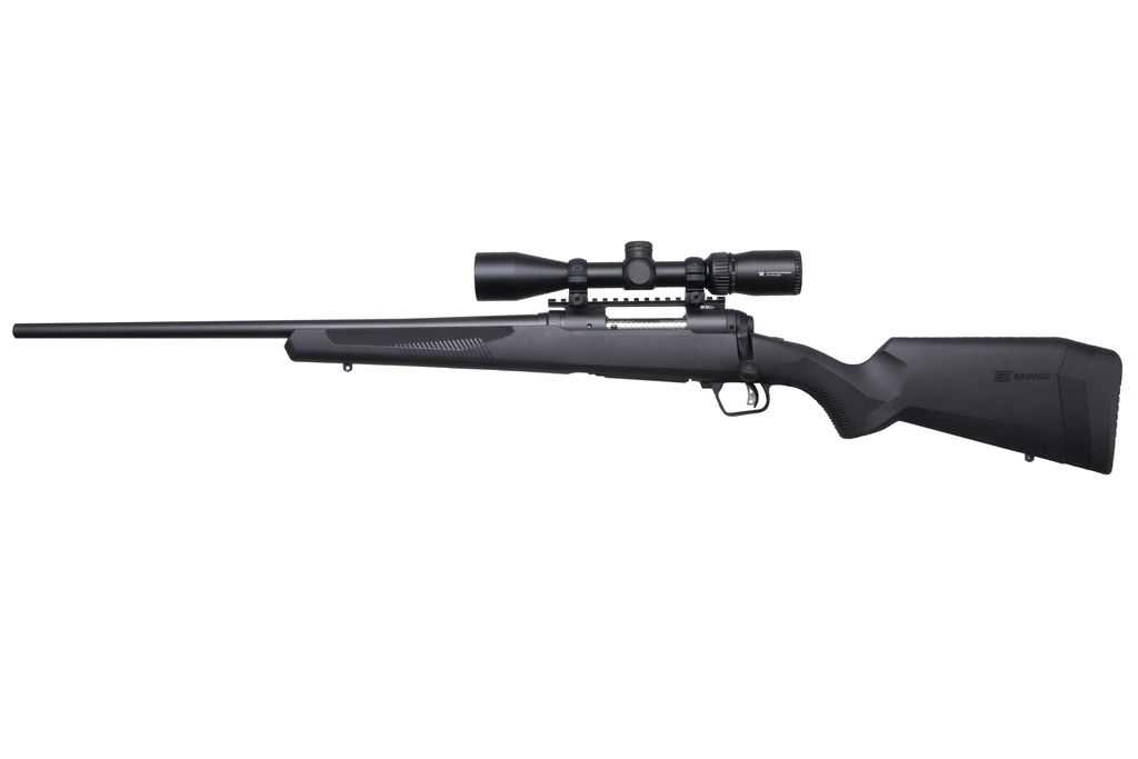 Black bolt-action rifle with mounted scope
