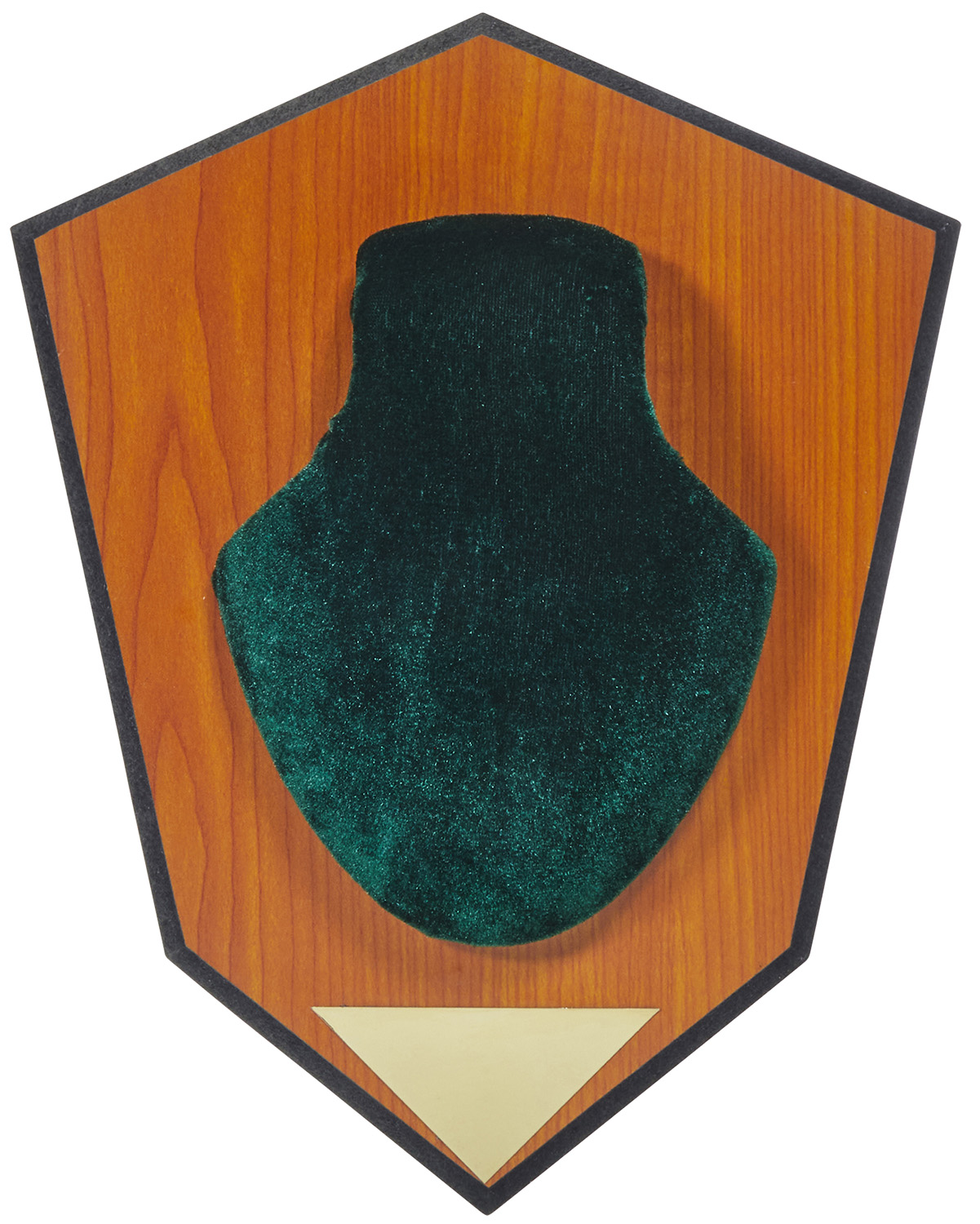 Green velvet necklace display on wooden plaque