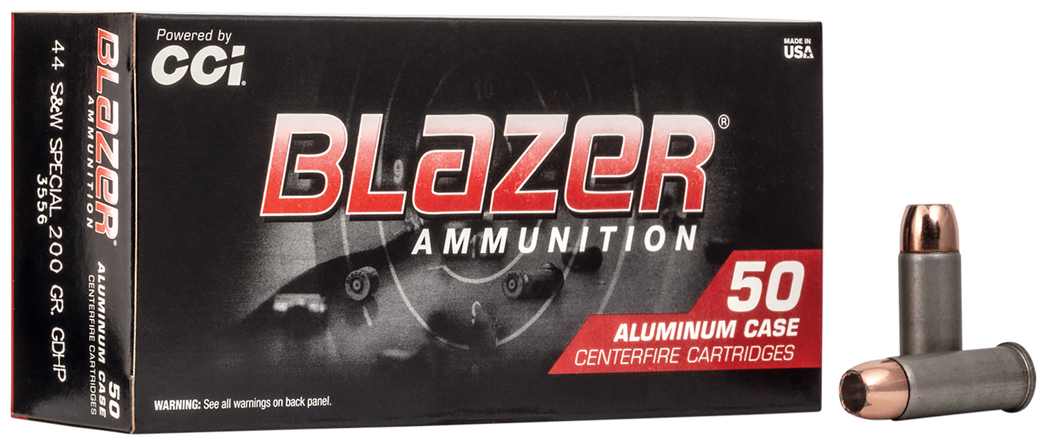 Blazer .44 S&W Special ammunition box and cartridges