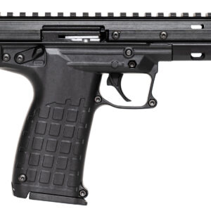 Black semi-automatic handgun on white background