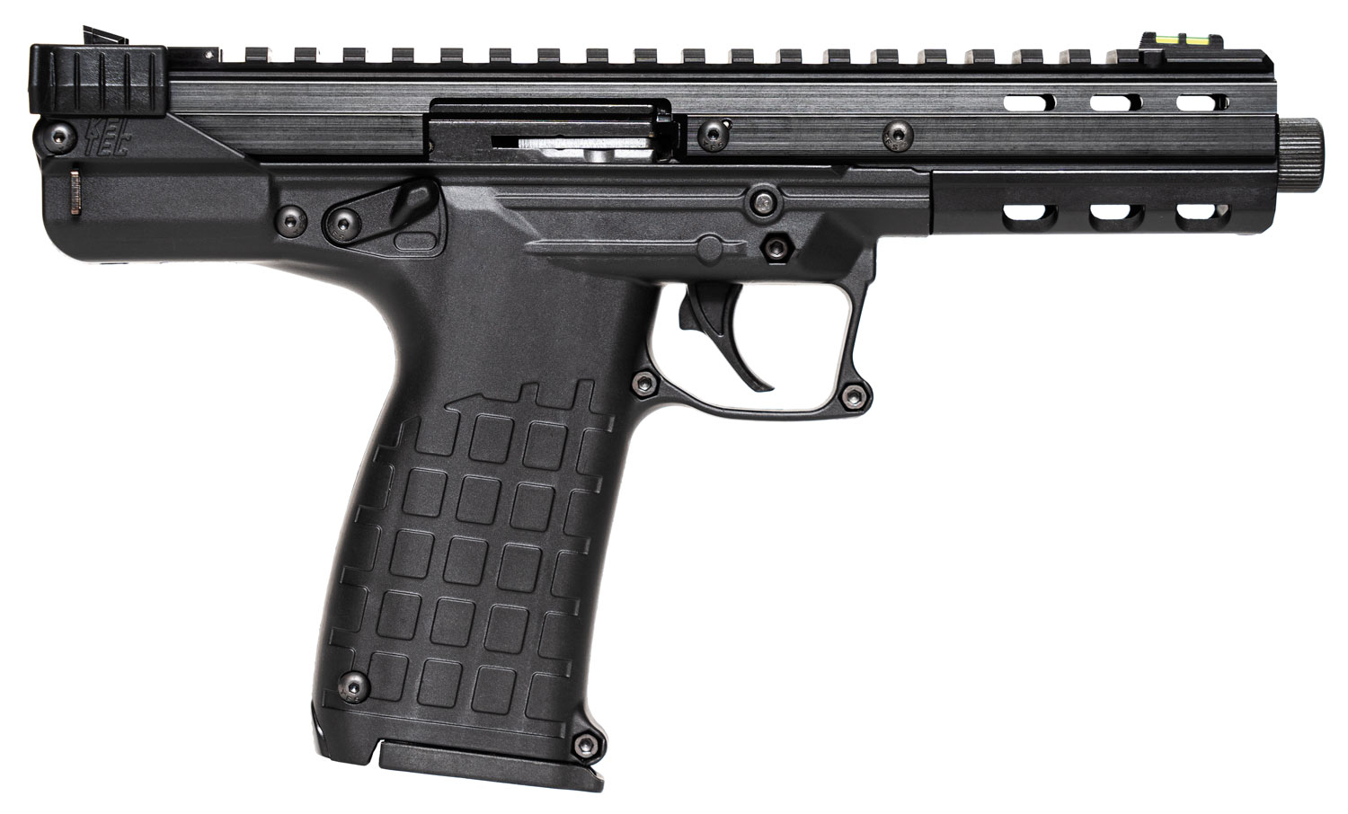Black semi-automatic handgun on white background