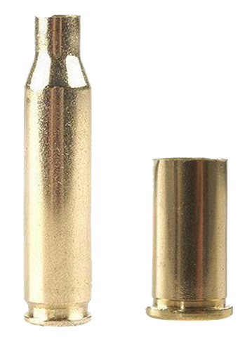 Two brass ammunition cartridge cases on white background