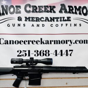 Scoped rifle displayed in front of armory sign