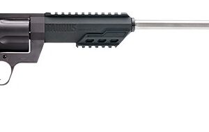 Black revolver with long barrel and muzzle brake