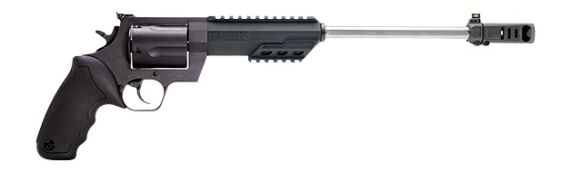 Black revolver with long barrel and muzzle brake