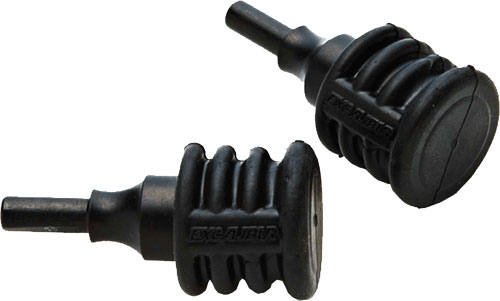 Two black rubber protective caps with ribbed sides
