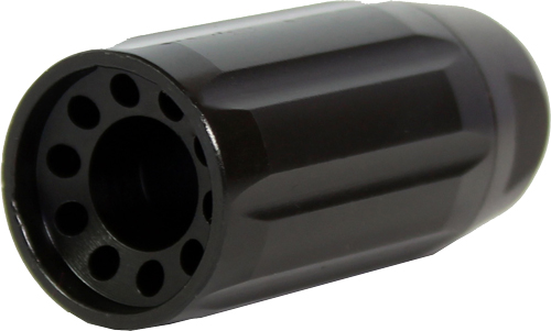 Black cylindrical firearm muzzle device with ports