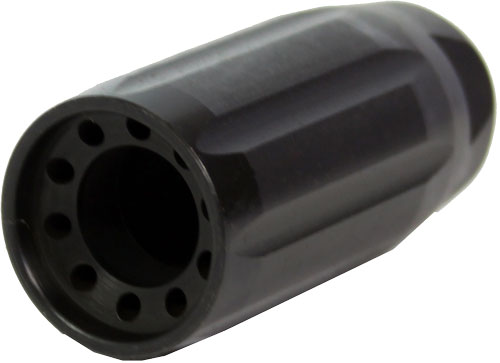 Black cylindrical metal mechanical component with drilled holes