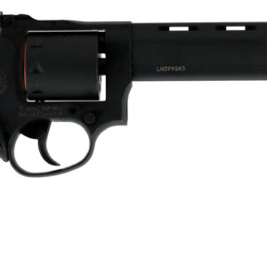Black revolver with long barrel on white background