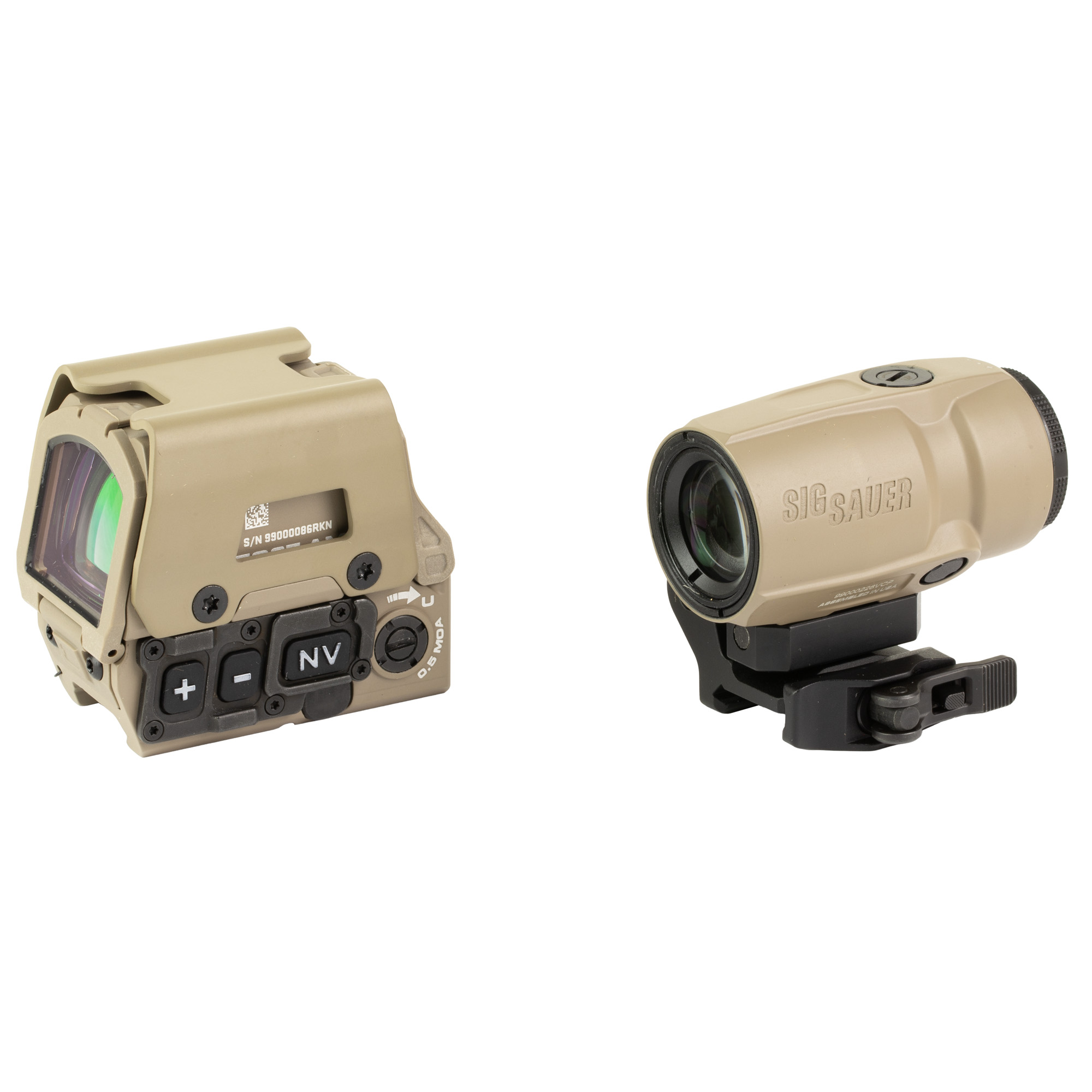 Two tan tactical red dot sights