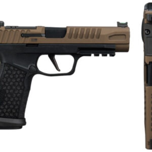 Tan and black semi-automatic handgun, side view
