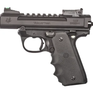 Black semi-automatic pistol with rail and threaded barrel