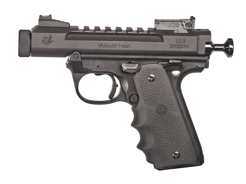Black semi-automatic pistol with rail and threaded barrel