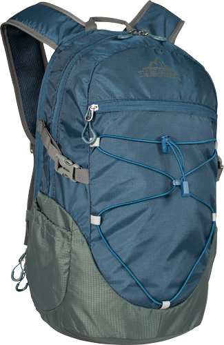 Blue hiking backpack with front bungee cord