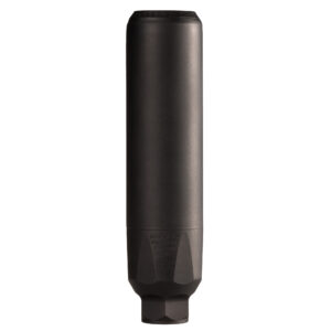 Black cylindrical rifle suppressor on white background