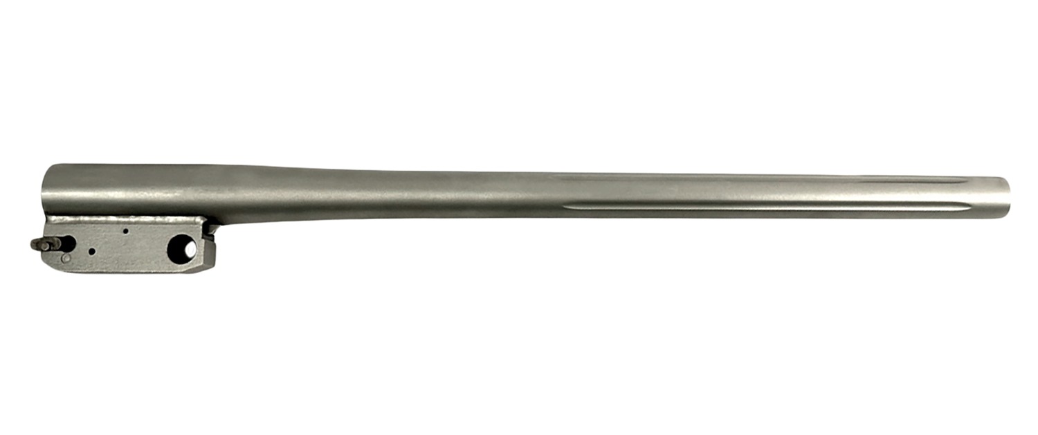Metal rifle barrel and receiver assembly on white background