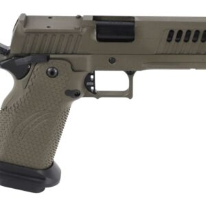 Olive green semi-automatic pistol on white background
