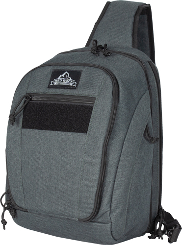 Gray sling backpack with front zip pocket
