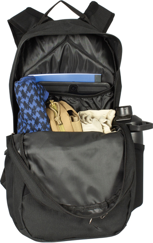 Open black backpack with laptop and essentials inside