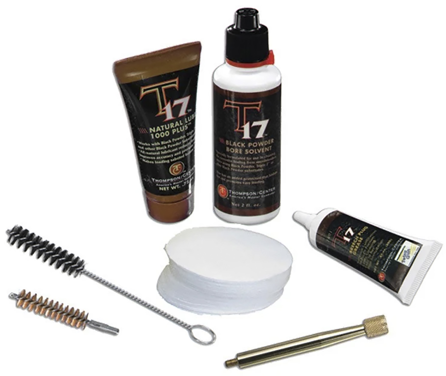 Black powder firearm cleaning kit with solvents and brushes