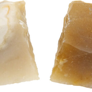 Two translucent brown stone fragments with white inclusion