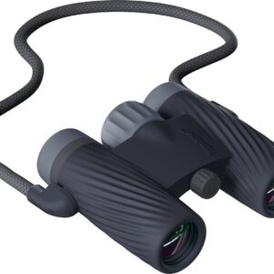 Compact dark gray binoculars with neck strap