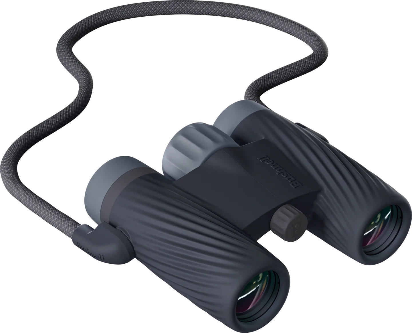 Compact dark gray binoculars with neck strap