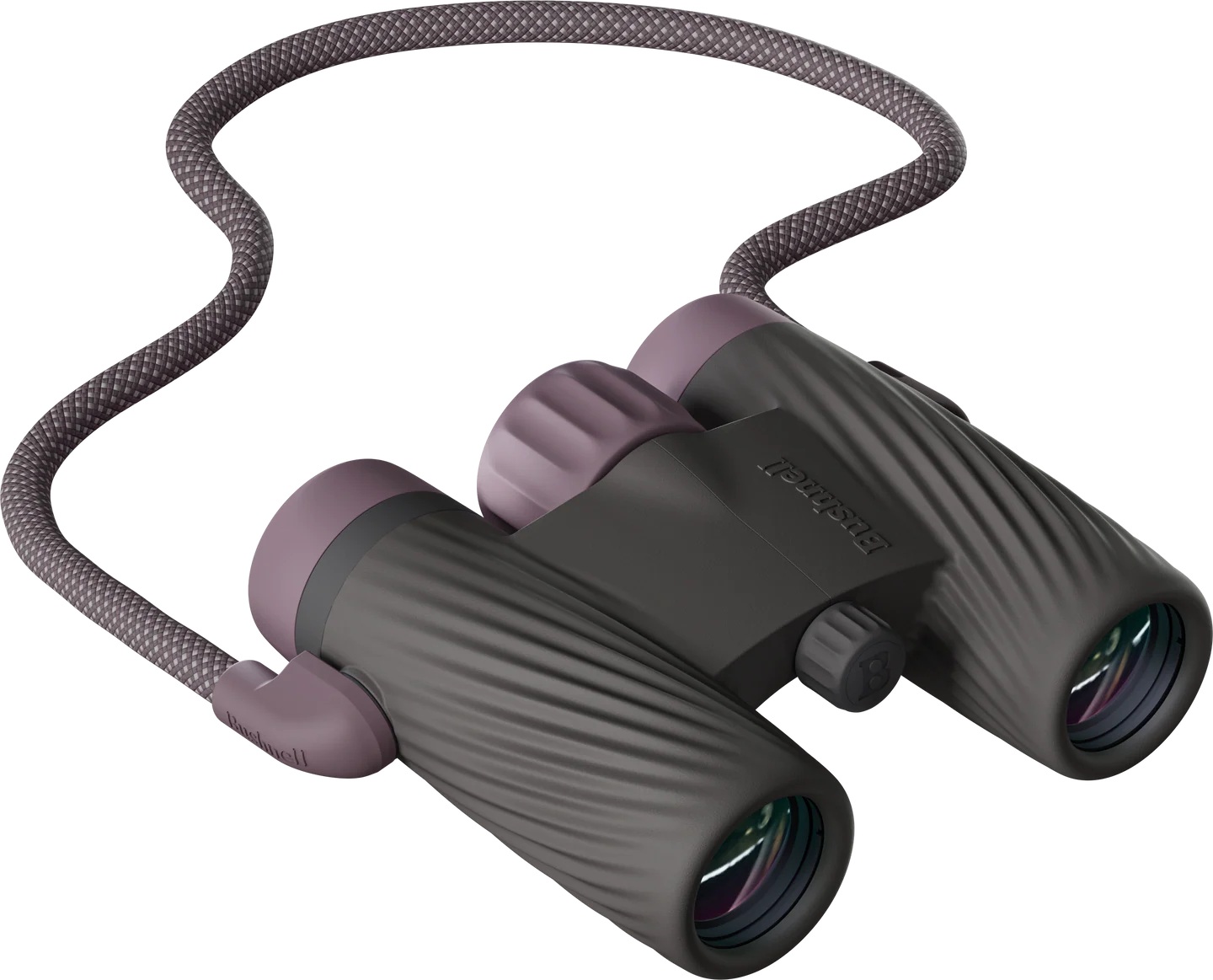 Compact gray binoculars with neck strap