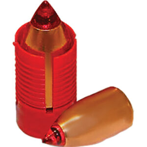 Red shotgun slug with cutaway and intact round