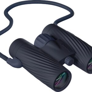 Dark blue binoculars with textured grip and strap