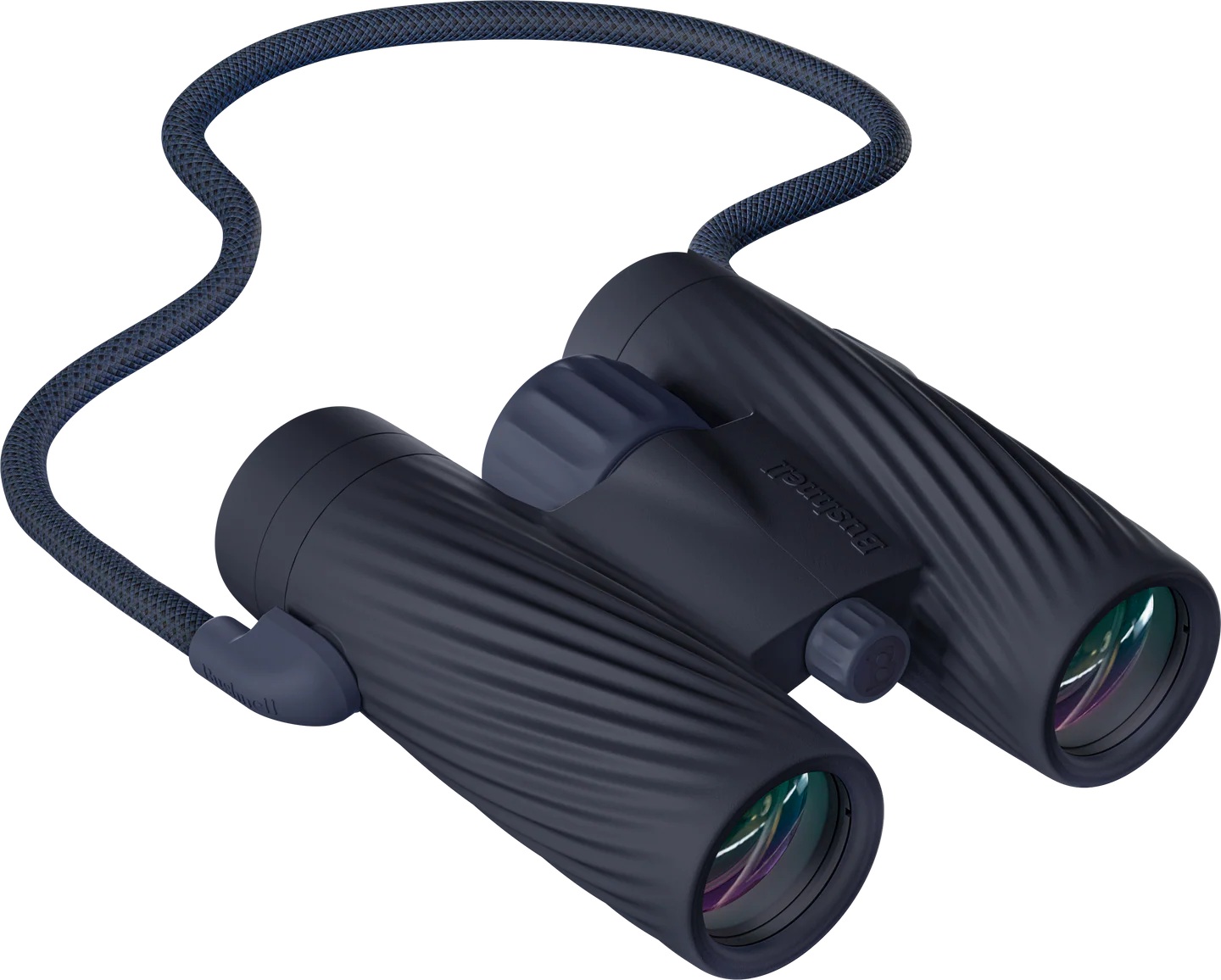 Dark blue compact binoculars with neck strap