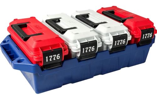 Blue toolbox with red and white storage cases