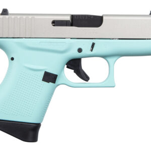 Turquoise and silver semi-automatic handgun on white background