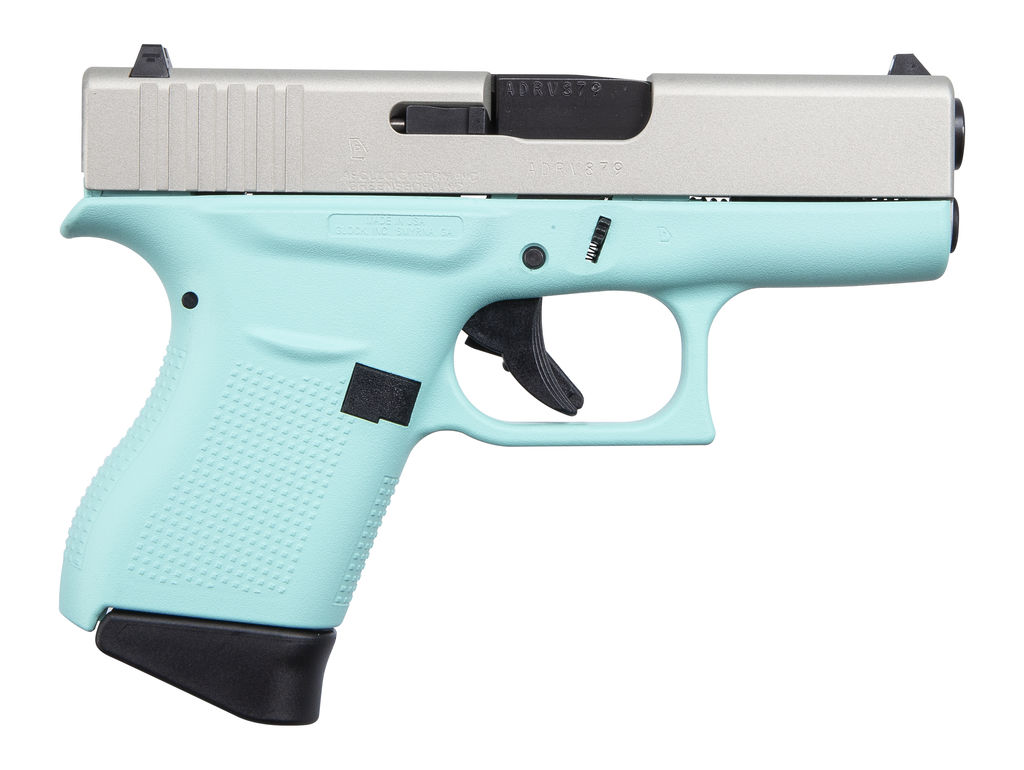 Turquoise and silver semi-automatic handgun on white background