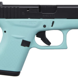 Turquoise and black semi-automatic handgun