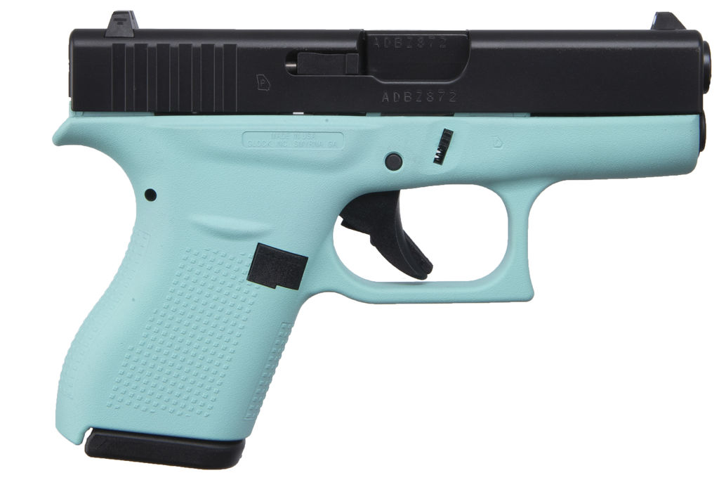 Turquoise and black semi-automatic handgun