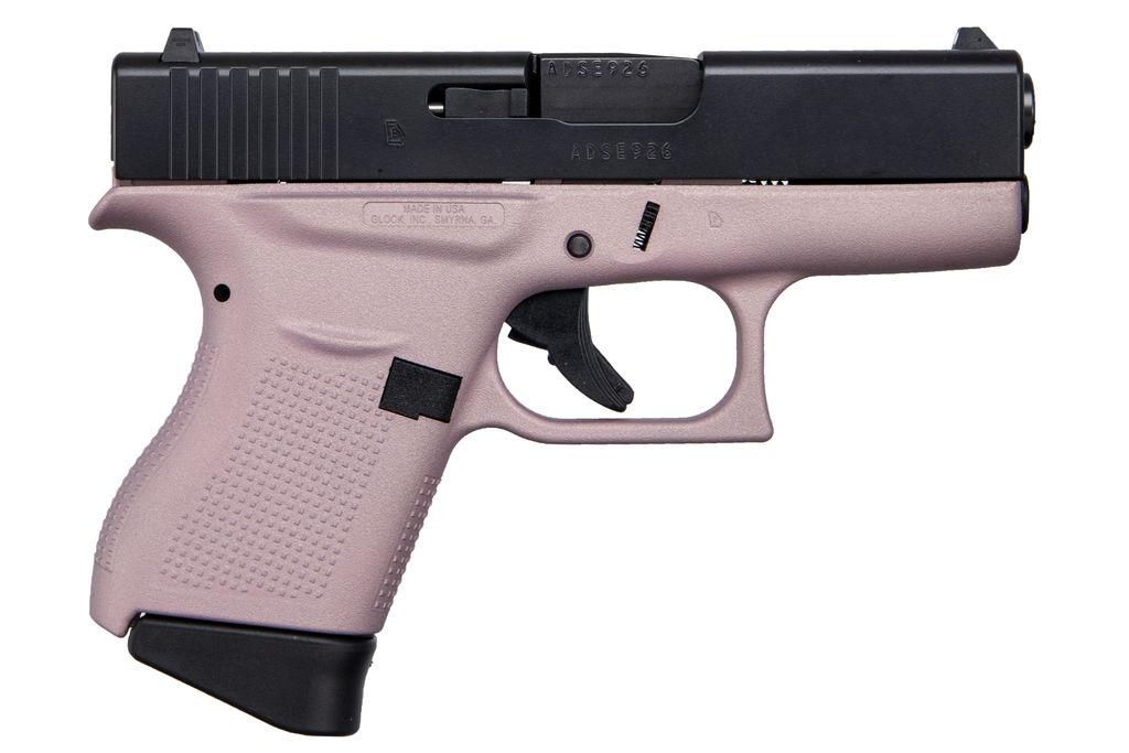 Pink and black semi-automatic handgun side view